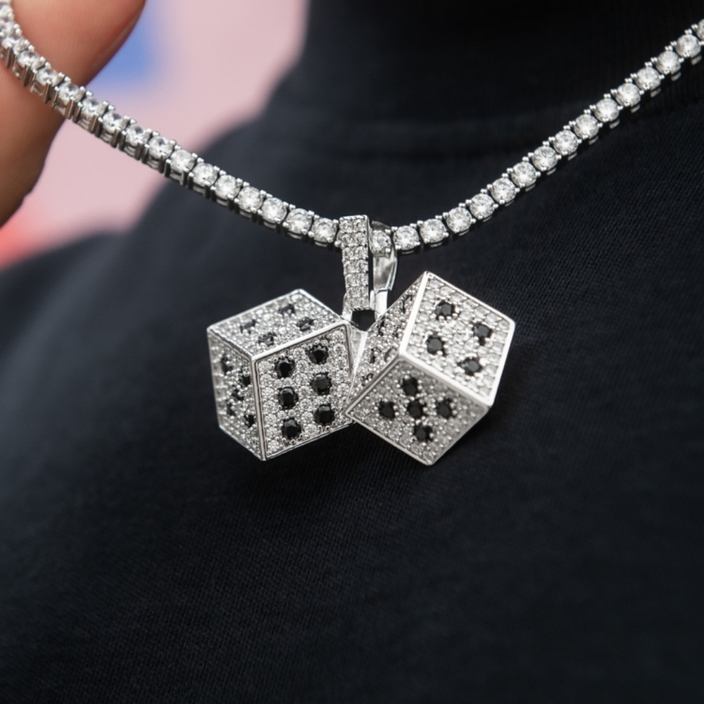 GLD SHOP - Iced Dice Pendant - 14k White Gold Plated - CUBIC ZIRCONIA - NEW!